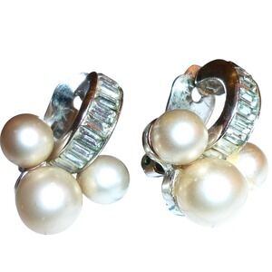 Vintage Volupte Faux Pearl Baguette Rhinestone Clip On Earrings Silver Tone